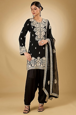 Black Georgette Aari Resham Embroidered A-Line Short Kurta Set by Desho couture