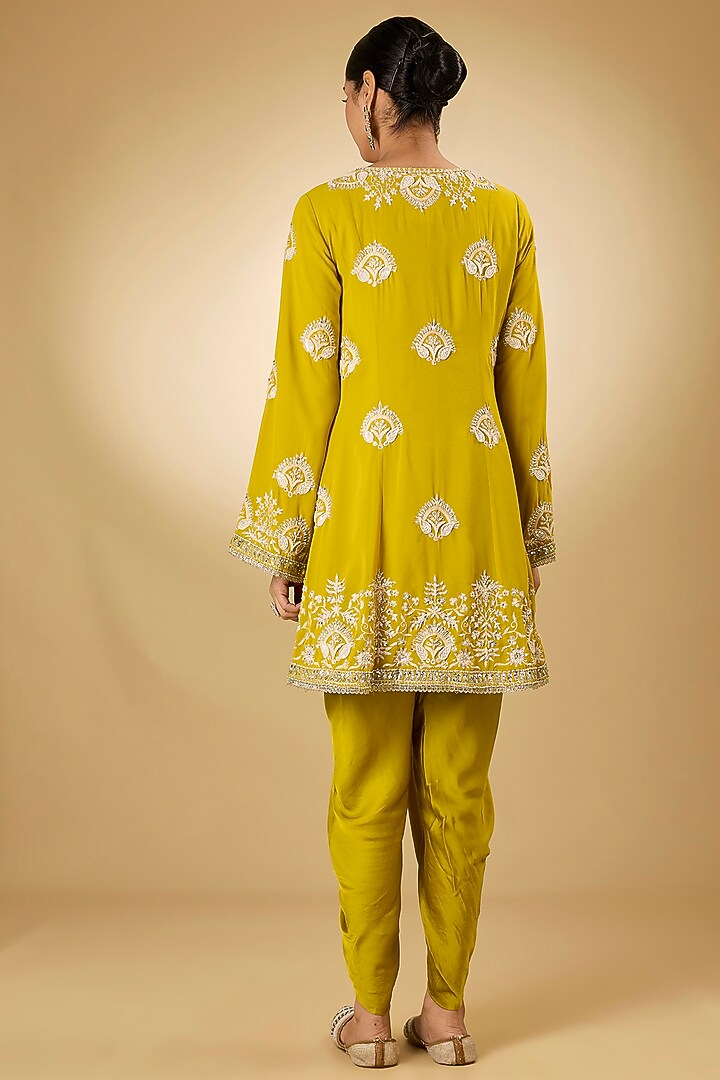 Yellow Georgette Aari Resham Embroidered Short Wedding Anarkali Set by Desho couture at Pernia's Pop Up Shop