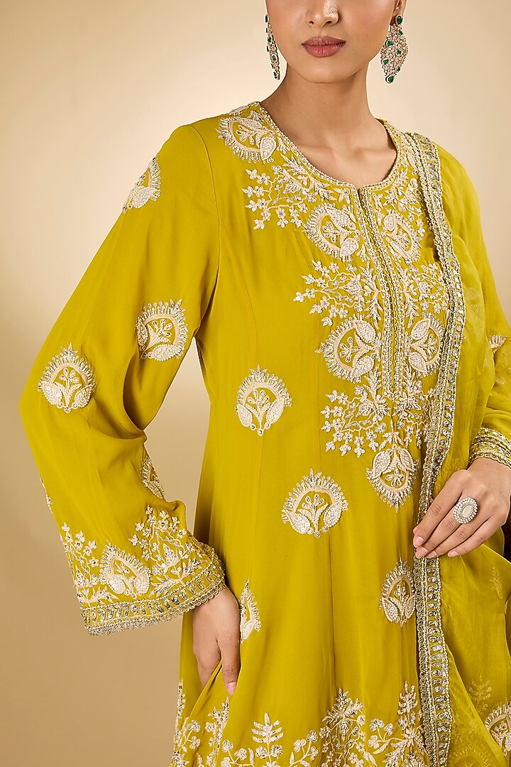 Yellow Georgette Aari Resham Embroidered Short Wedding Anarkali Set by Desho couture at Pernia's Pop Up Shop