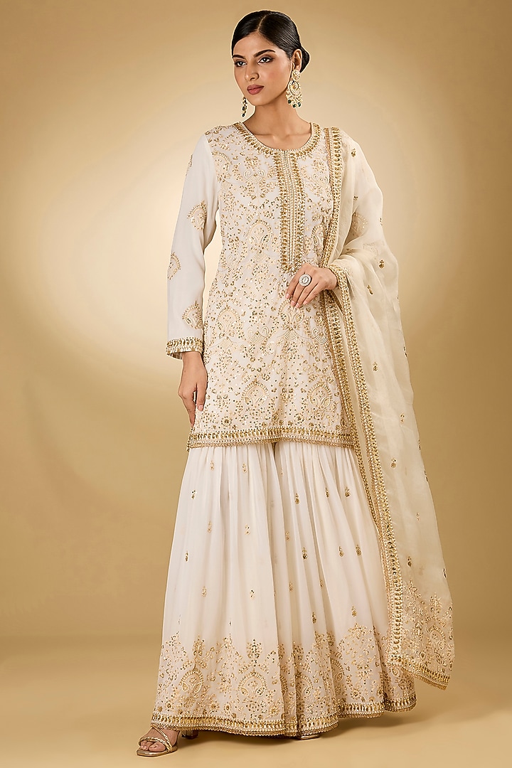 Off-White Georgette Aari Resham Embroidered Gharara Set by Desho couture at Pernia's Pop Up Shop