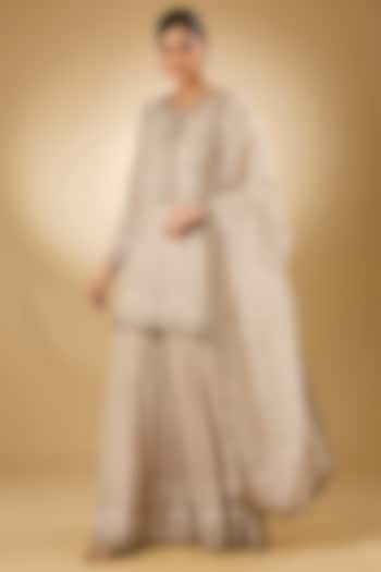 Beige Georgette Aari Resham Embroidered Gharara Set by Desho couture at Pernia's Pop Up Shop