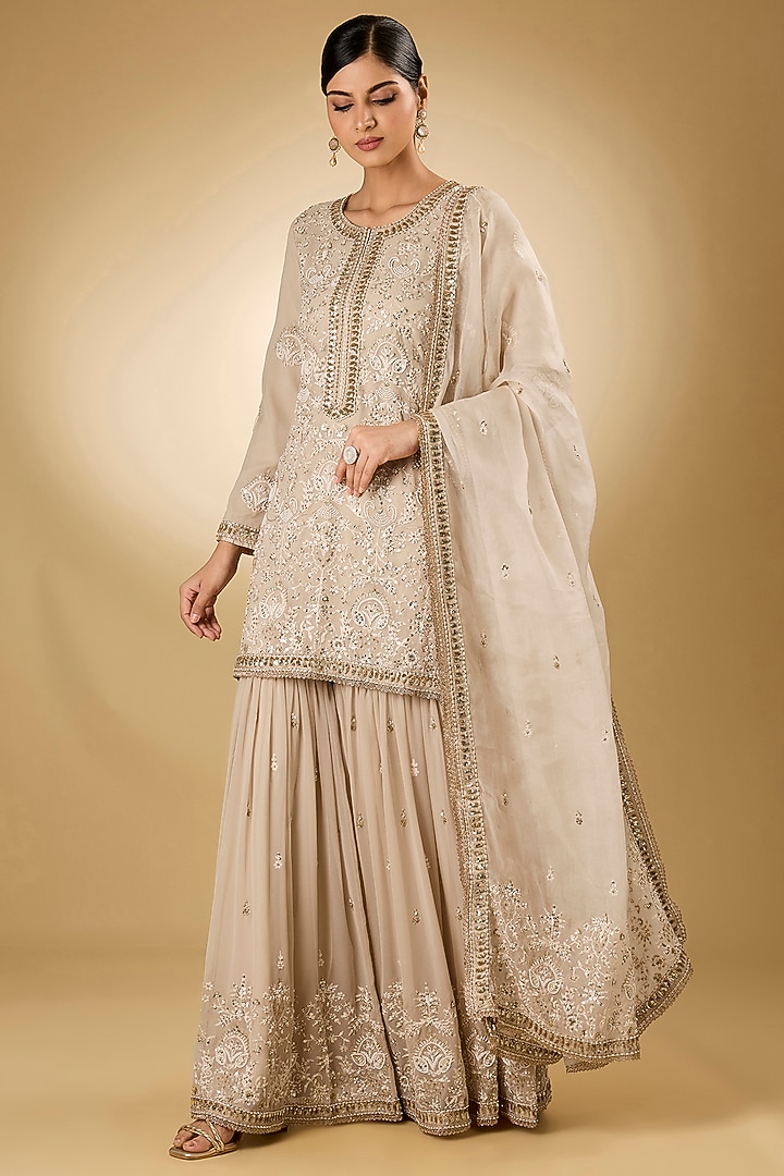Beige Georgette Aari Resham Embroidered Gharara Set by Desho couture at Pernia's Pop Up Shop