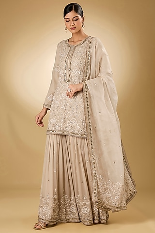 Beige Georgette Aari Resham Embroidered Gharara Set by Desho couture