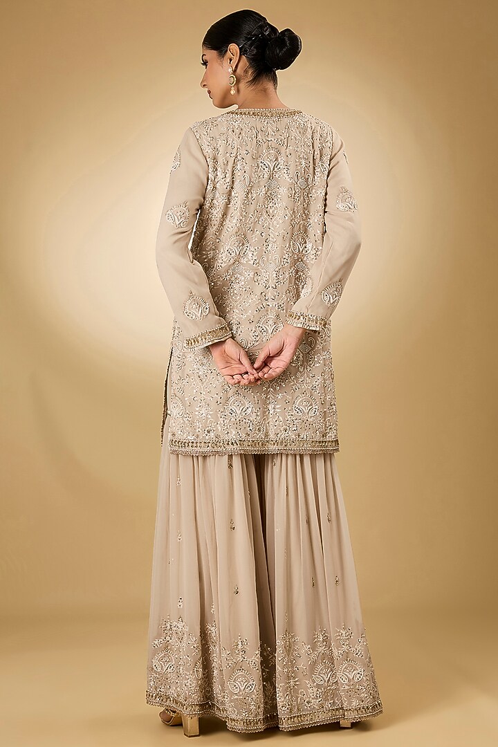Beige Georgette Aari Resham Embroidered Gharara Set by Desho couture at Pernia's Pop Up Shop