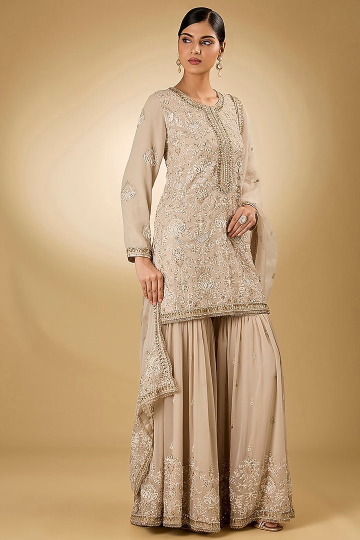 Beige Georgette Aari Resham Embroidered Gharara Set by Desho couture at Pernia's Pop Up Shop