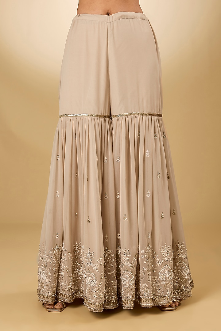 Beige Georgette Aari Resham Embroidered Gharara Set by Desho couture at Pernia's Pop Up Shop