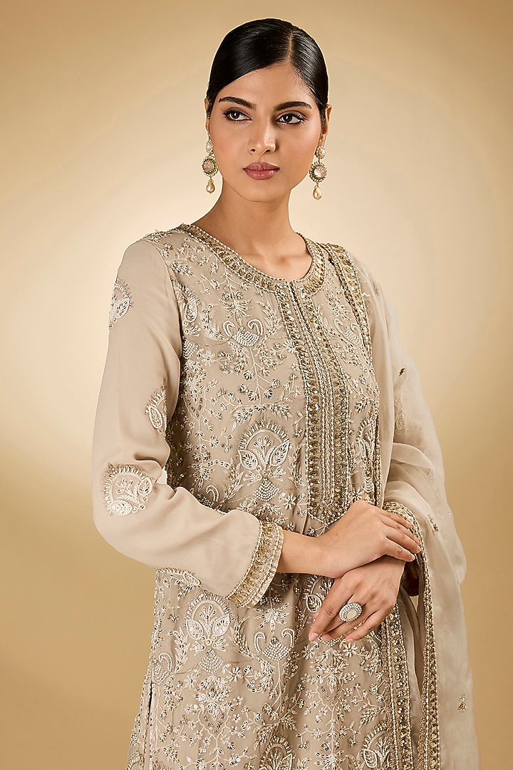 Beige Georgette Aari Resham Embroidered Gharara Set by Desho couture at Pernia's Pop Up Shop