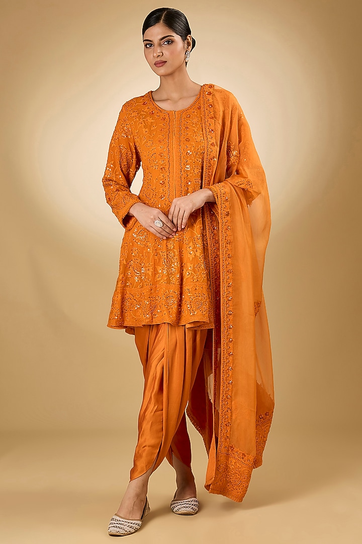 Orange Georgette Aari Resham Embroidered Wedding Anarkali Set by Desho couture at Pernia's Pop Up Shop
