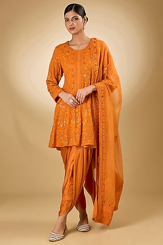 Orange Georgette Aari Resham Embroidered Anarkali Set by Desho couture