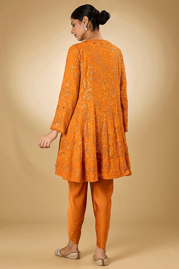 Orange Georgette Aari Resham Embroidered Wedding Anarkali Set by Desho couture at Pernia's Pop Up Shop