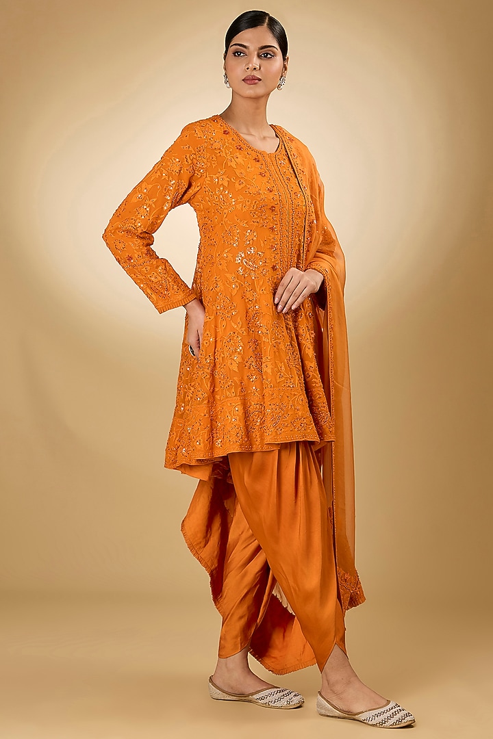 Orange Georgette Aari Resham Embroidered Wedding Anarkali Set by Desho couture at Pernia's Pop Up Shop