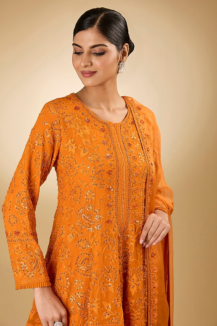 Orange Georgette Aari Resham Embroidered Wedding Anarkali Set by Desho couture at Pernia's Pop Up Shop