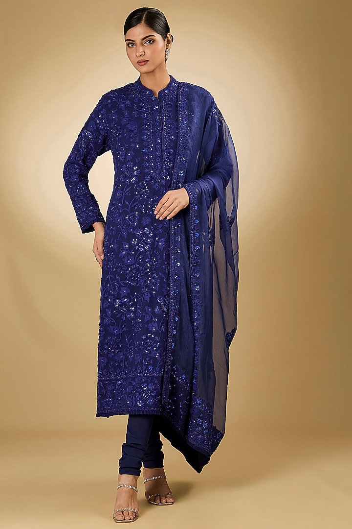 Blue Georgette Aari Resham Embroidered Kurta Set by Desho couture at Pernia's Pop Up Shop