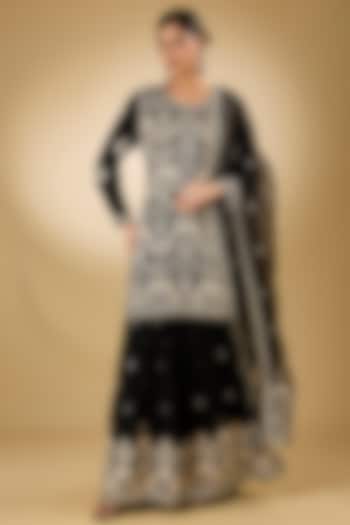 Black Georgette Aari Resham Embroidered Gharara Set by Desho couture at Pernia's Pop Up Shop