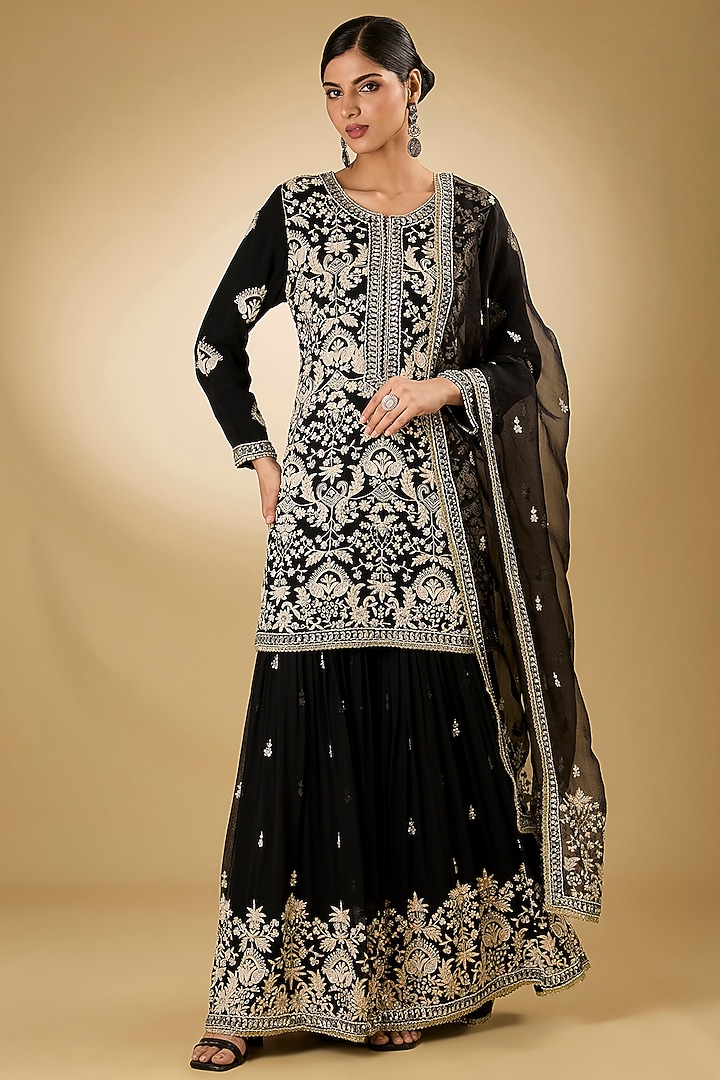 Black Georgette Aari Resham Embroidered Gharara Set by Desho couture at Pernia's Pop Up Shop