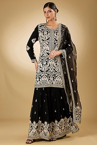 Black Georgette Aari Resham Embroidered Gharara Set by Desho couture