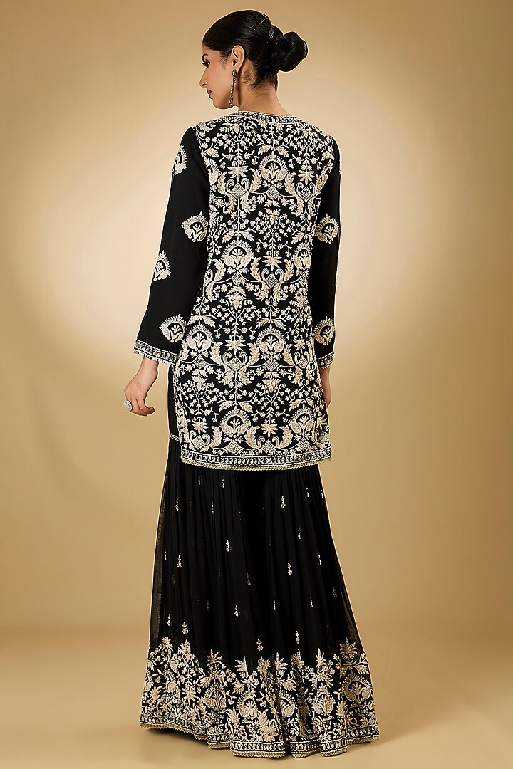 Black Georgette Aari Resham Embroidered Gharara Set by Desho couture at Pernia's Pop Up Shop