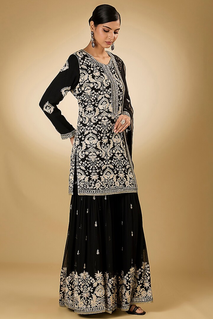 Black Georgette Aari Resham Embroidered Gharara Set by Desho couture at Pernia's Pop Up Shop