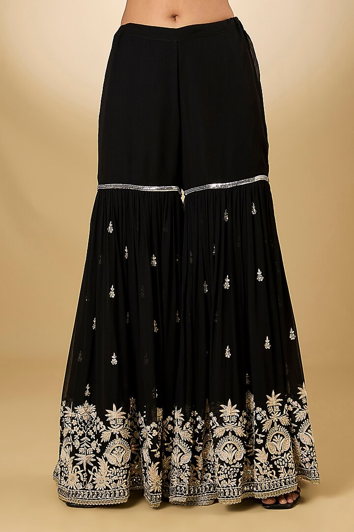 Black Georgette Aari Resham Embroidered Gharara Set by Desho couture at Pernia's Pop Up Shop