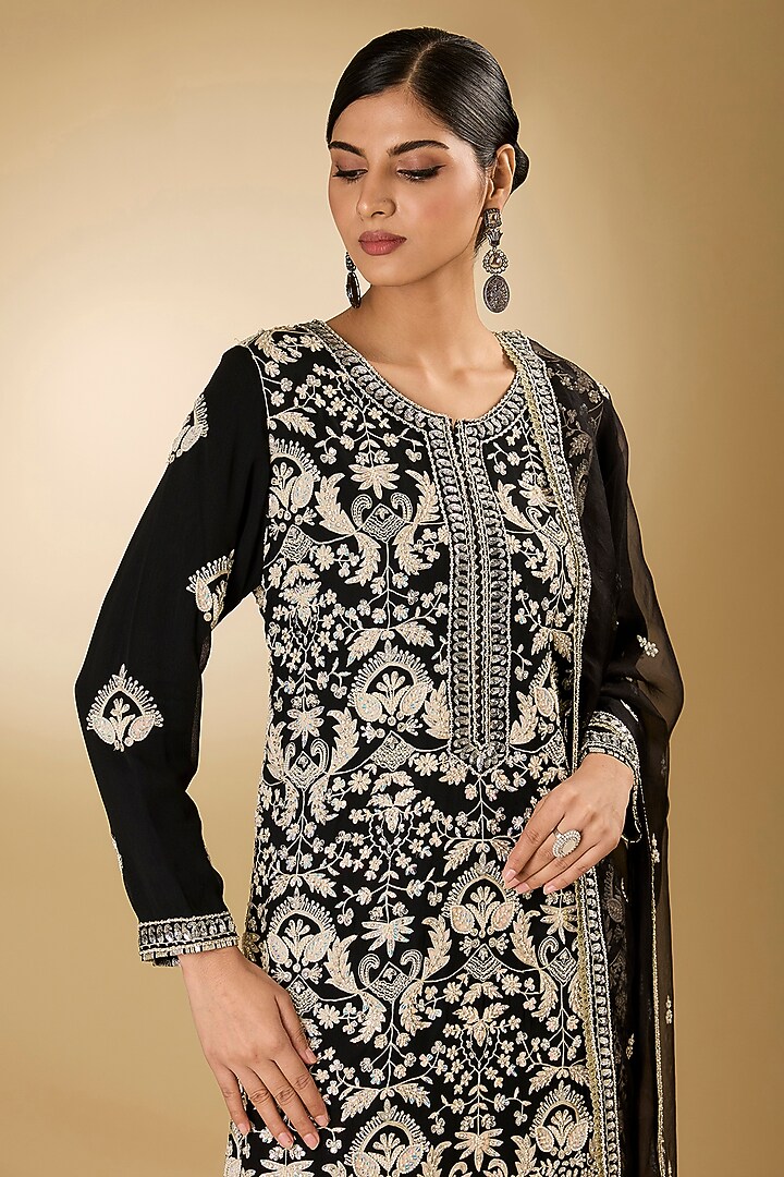 Black Georgette Aari Resham Embroidered Gharara Set by Desho couture at Pernia's Pop Up Shop