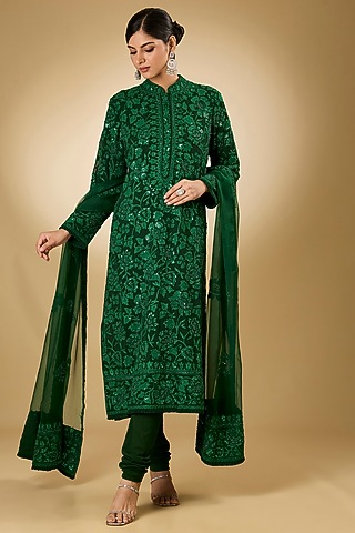Green Georgette Aari Resham Embroidered Kurta Set by Desho couture