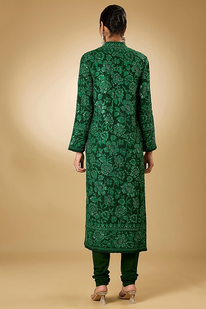 Green Georgette Aari Resham Embroidered Kurta Set by Desho couture at Pernia's Pop Up Shop