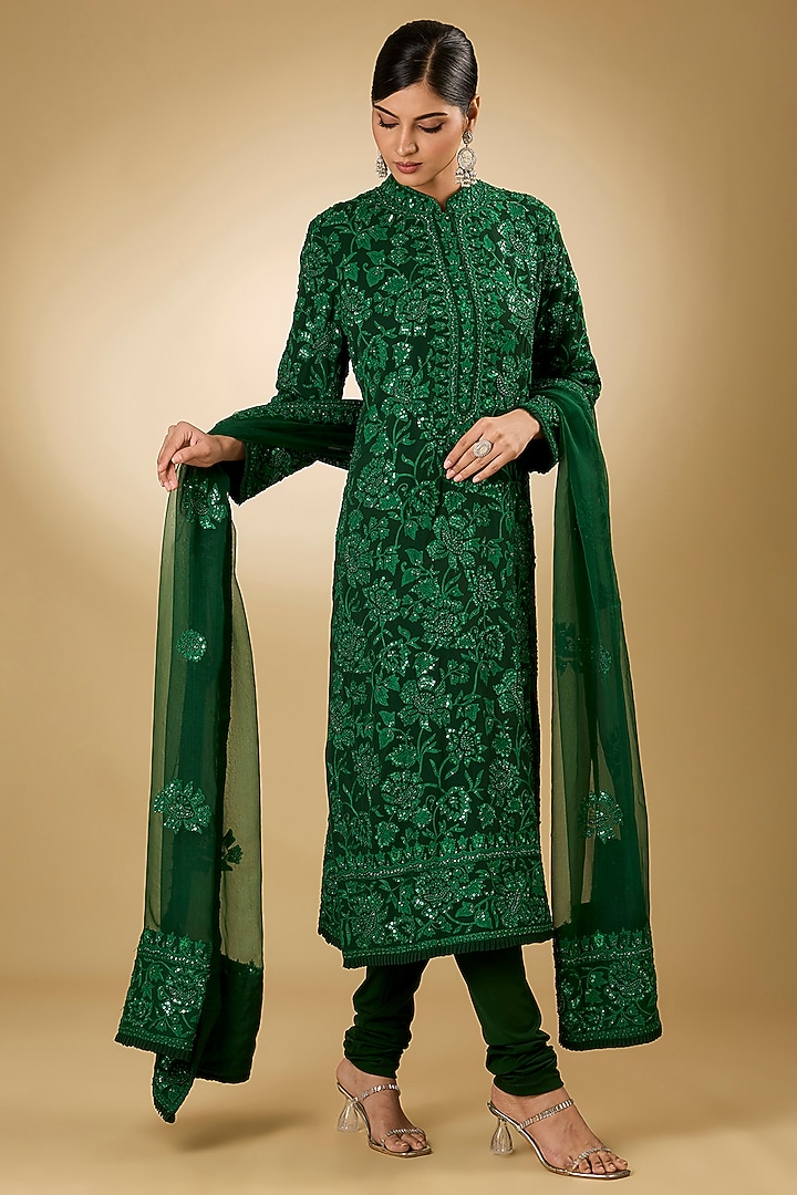 Green Georgette Aari Resham Embroidered Kurta Set by Desho couture at Pernia's Pop Up Shop