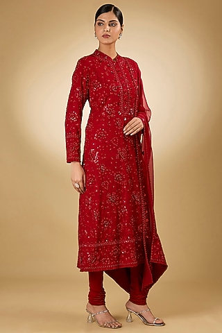 Red Georgette Aari Resham Embroidered Kurta Set by Desho couture