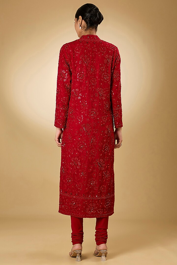 Red Georgette Aari Resham Embroidered Kurta Set by Desho couture at Pernia's Pop Up Shop