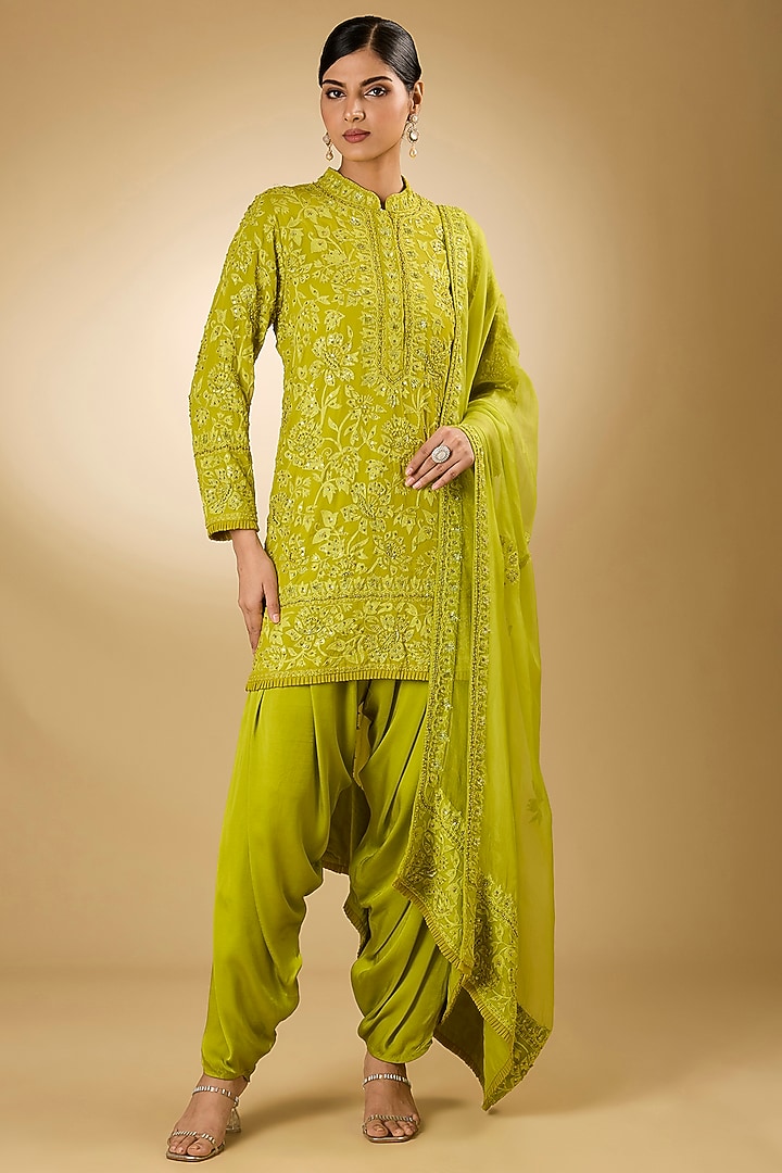 Parrot Green Georgette Aari Resham Embroidered Short Kurta Set by Desho couture at Pernia's Pop Up Shop