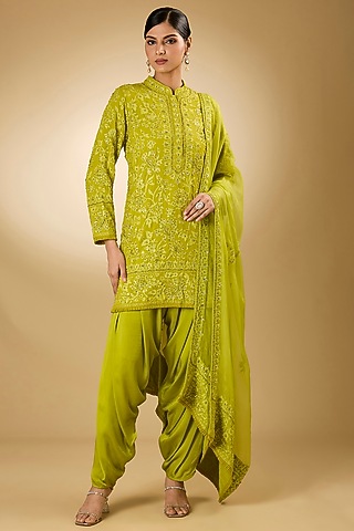 Parrot Green Georgette Aari Resham Embroidered Short Kurta Set by Desho couture