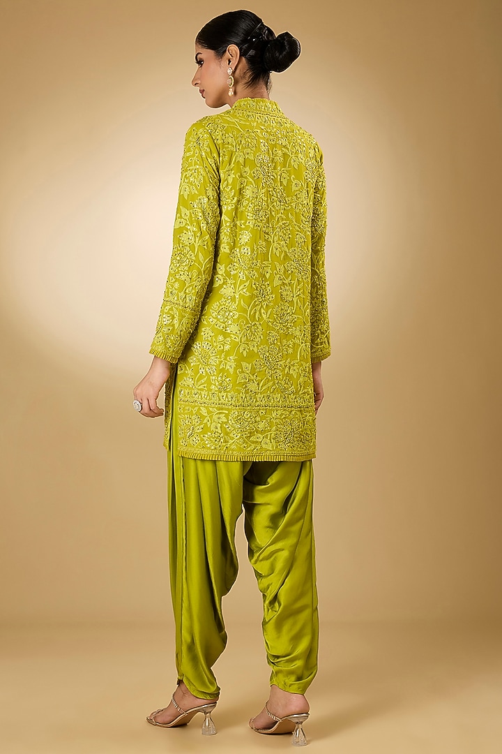 Parrot Green Georgette Aari Resham Embroidered Short Kurta Set by Desho couture at Pernia's Pop Up Shop