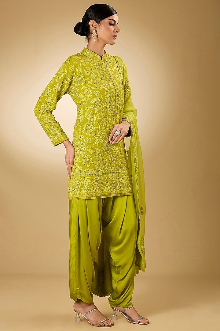 Parrot Green Georgette Aari Resham Embroidered Short Kurta Set by Desho couture at Pernia's Pop Up Shop