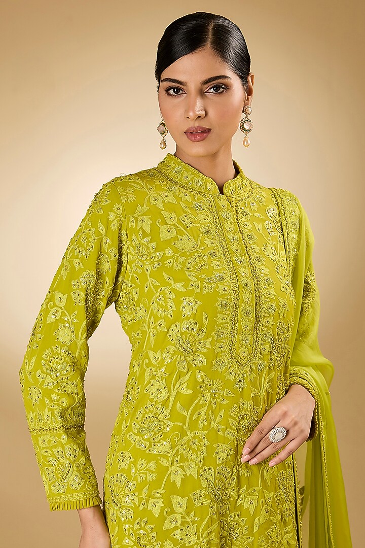 Parrot Green Georgette Aari Resham Embroidered Short Kurta Set by Desho couture at Pernia's Pop Up Shop