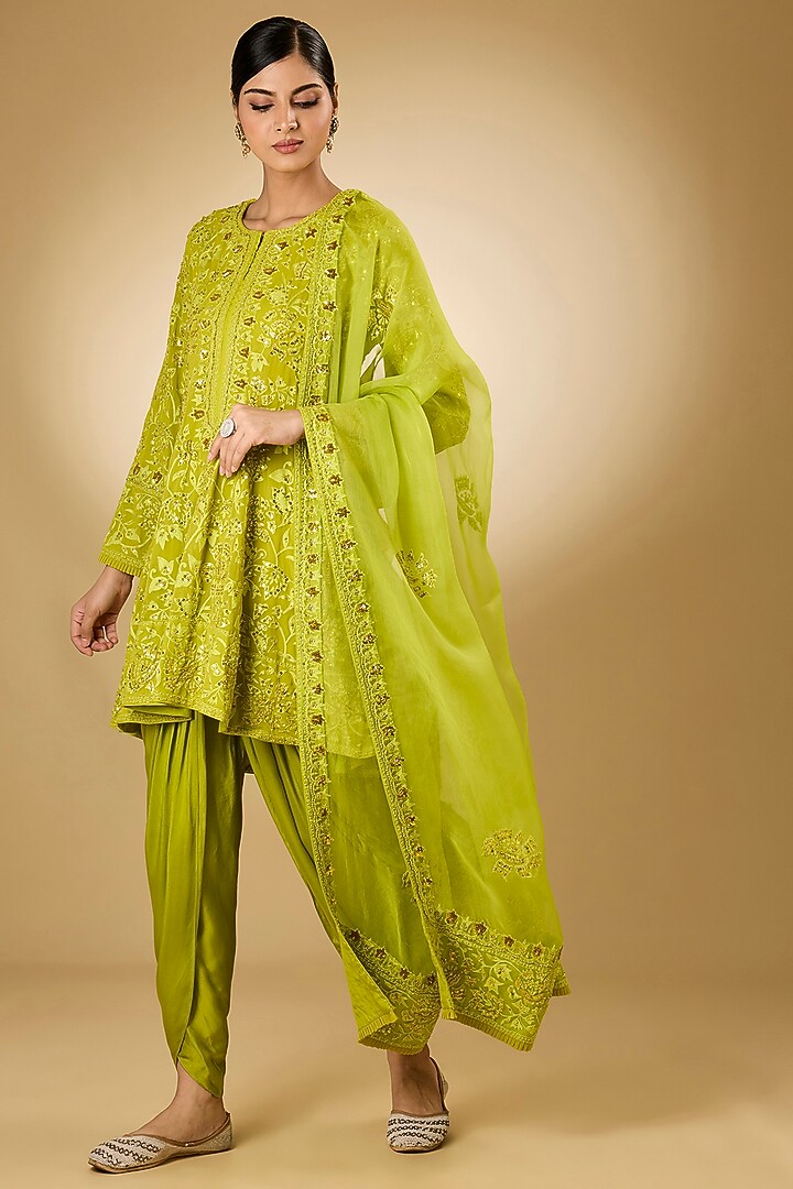 Parrot Green Georgette Aari Resham Embroidered Wedding Anarkali Set by Desho couture at Pernia's Pop Up Shop