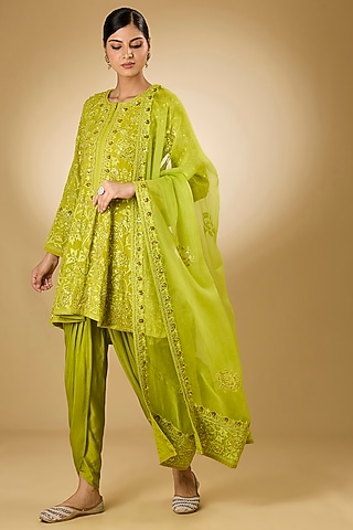 Parrot Green Georgette Aari Resham Embroidered Anarkali Set by Desho couture