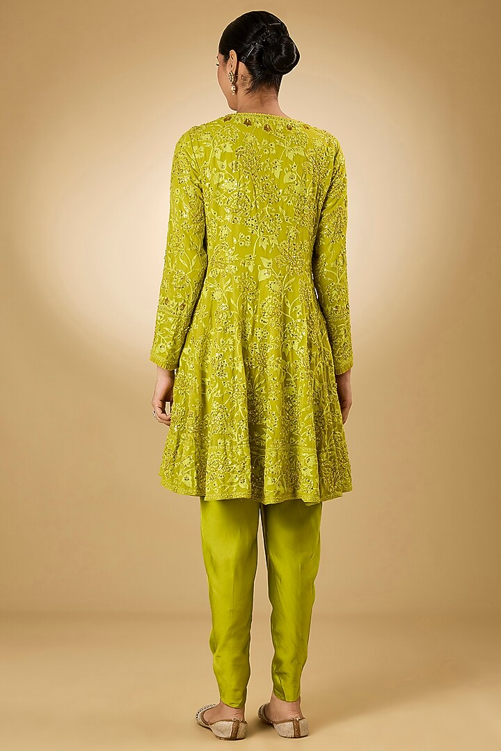 Parrot Green Georgette Aari Resham Embroidered Wedding Anarkali Set by Desho couture at Pernia's Pop Up Shop