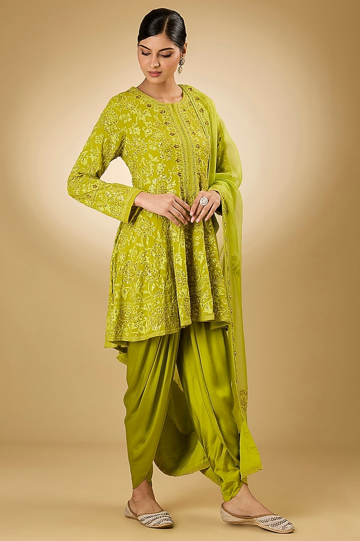 Parrot Green Georgette Aari Resham Embroidered Wedding Anarkali Set by Desho couture at Pernia's Pop Up Shop