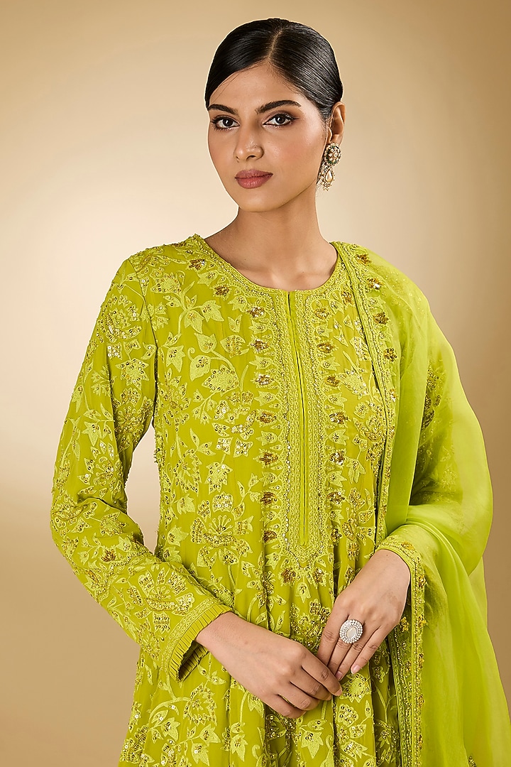 Parrot Green Georgette Aari Resham Embroidered Wedding Anarkali Set by Desho couture at Pernia's Pop Up Shop