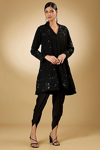 Black Georgette Aari Resham Embroidered Anarkali Set by Desho couture