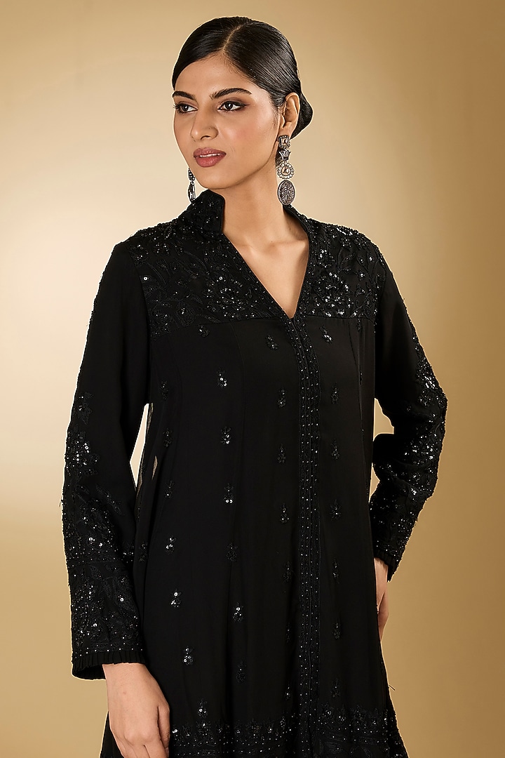 Black Georgette Aari Resham Embroidered Wedding Anarkali Set by Desho couture at Pernia's Pop Up Shop