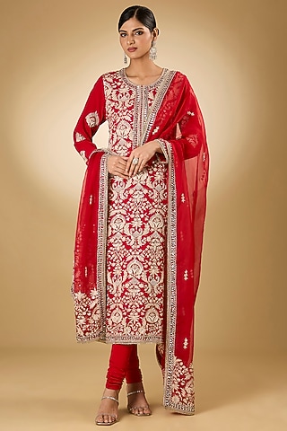 Red Georgette Aari Resham Embroidered Kurta Set by Desho couture