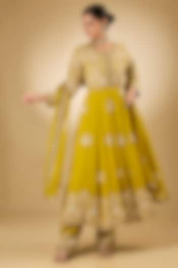 Yellow Georgette Aari Resham Embroidered Bridal Anarkali Set by Desho couture at Pernia's Pop Up Shop