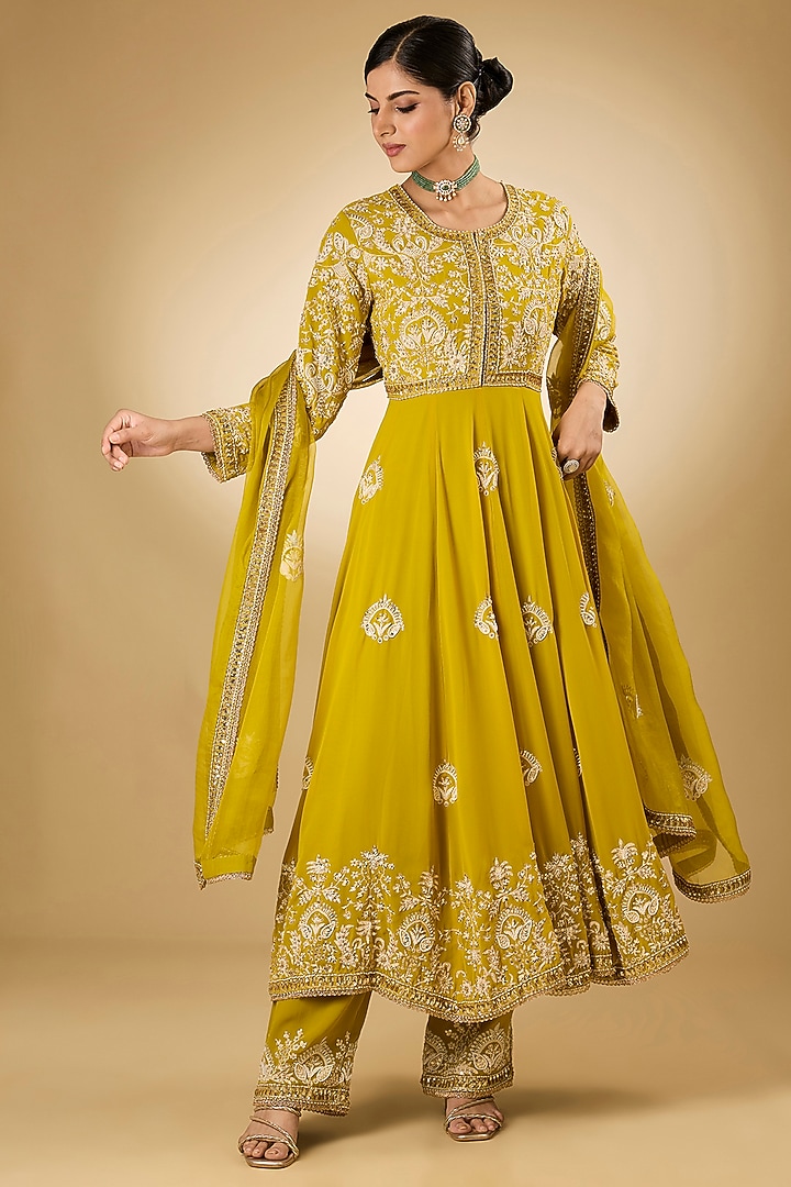 Yellow Georgette Aari Resham Embroidered Bridal Anarkali Set by Desho couture at Pernia's Pop Up Shop