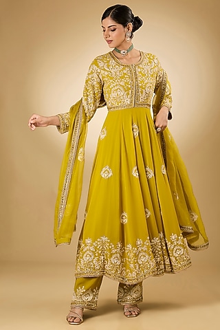 Yellow Georgette Aari Resham Embroidered Anarkali Set by Desho couture