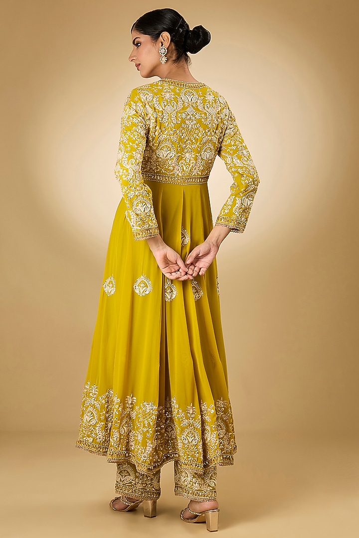 Yellow Georgette Aari Resham Embroidered Bridal Anarkali Set by Desho couture at Pernia's Pop Up Shop