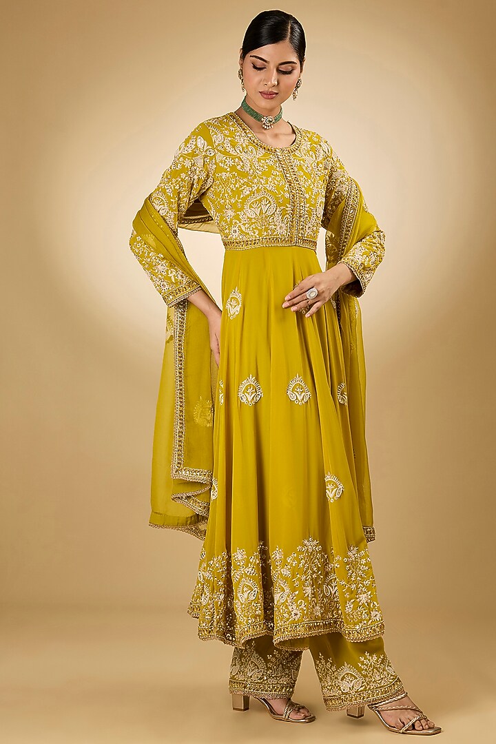 Yellow Georgette Aari Resham Embroidered Bridal Anarkali Set by Desho couture at Pernia's Pop Up Shop