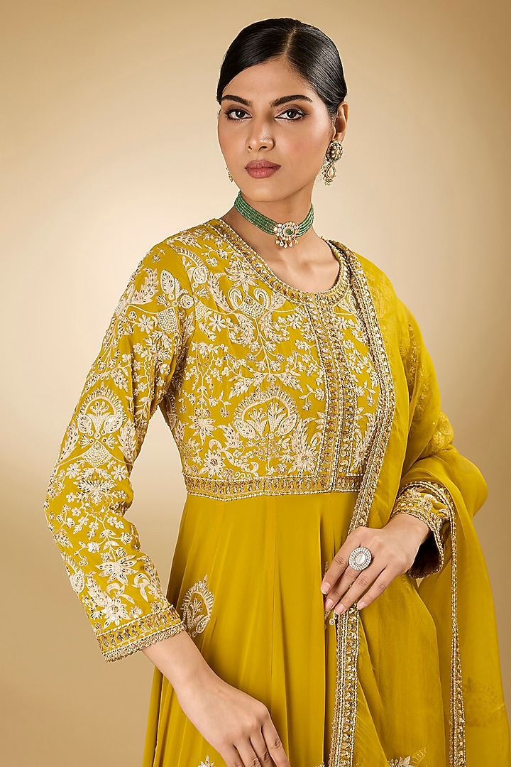 Yellow Georgette Aari Resham Embroidered Bridal Anarkali Set by Desho couture at Pernia's Pop Up Shop