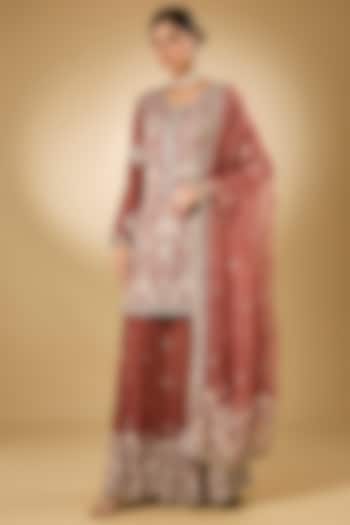 Rust Georgette Aari Resham Embroidered Gharara Set by Desho couture at Pernia's Pop Up Shop