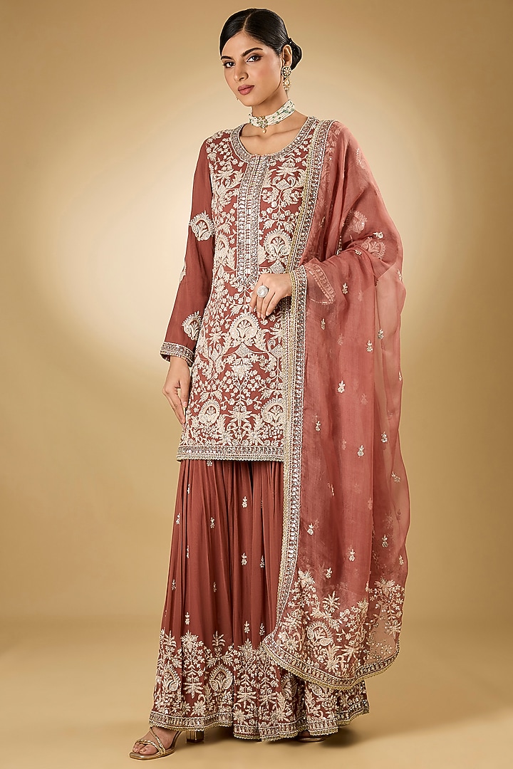 Rust Georgette Aari Resham Embroidered Gharara Set by Desho couture at Pernia's Pop Up Shop